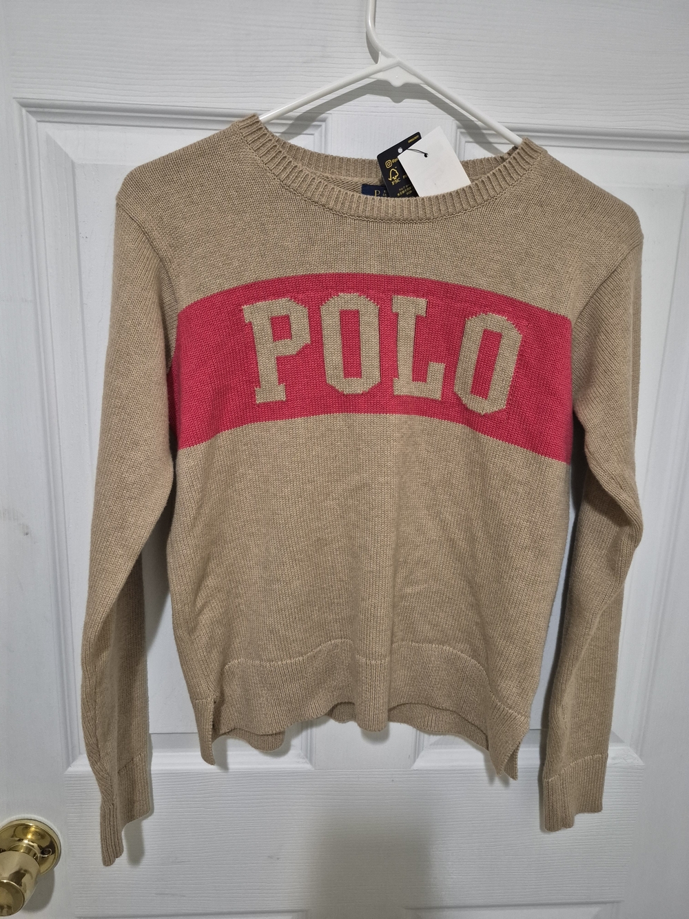 Polo by Ralph Lauren Girls Beige Crewneck Sweater with Pink Logo Band